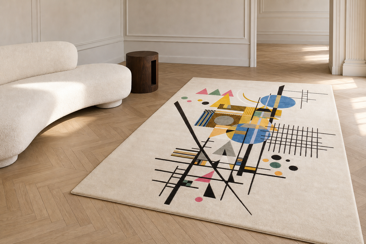 Tapis contemporain géométrique mis en scène dans un appartement parisien lumineux
